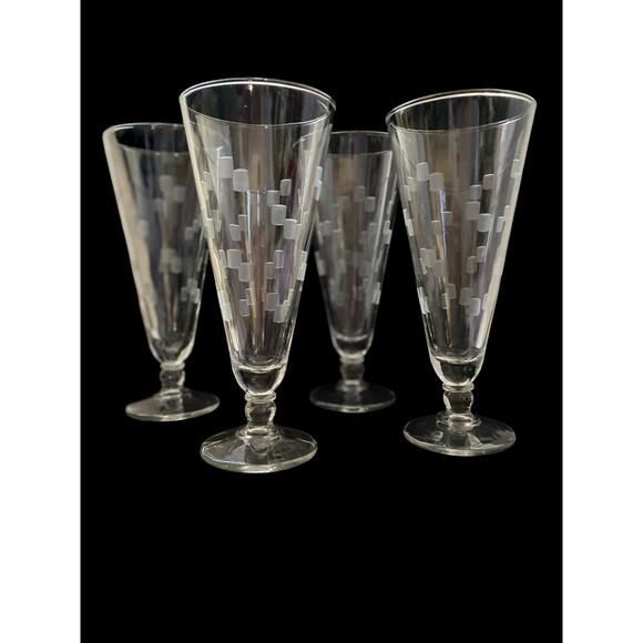 Set of Four Vintage Anchor Hocking Grey Etched CUBIST Pilsner Glasses 7 1/2” MCM - Picture 1 of 12
